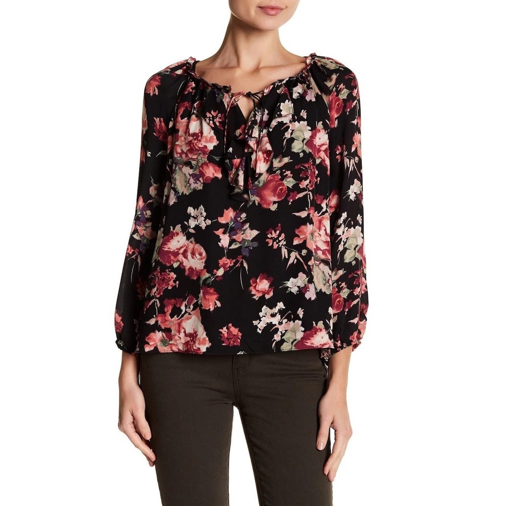 Joie Womens Nadege Silk Blouse Size S Black Pink Floral Pint Ruffle Sheer Top